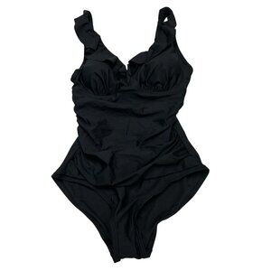 DKNY One Piece Swimsuit Womens S Ruffle Plunge Black‎ Ruched Waist
